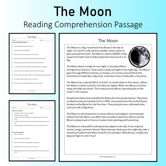 The Moon | Reading Comprehension Passage Printable Worksheet