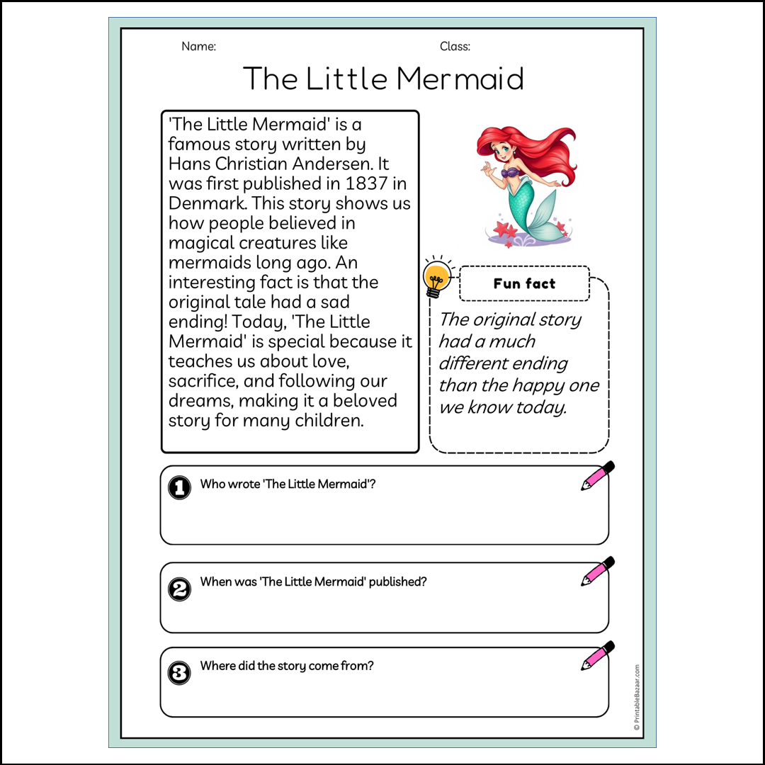 The Little Mermaid | Reading Passage Comprehension Questions Writing Facts Worksheet