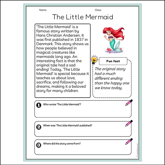 The Little Mermaid | Reading Passage Comprehension Questions Writing Facts Worksheet