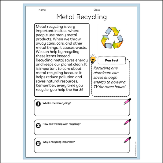 Metal Recycling | Reading Passage Comprehension Questions Writing Facts Worksheet