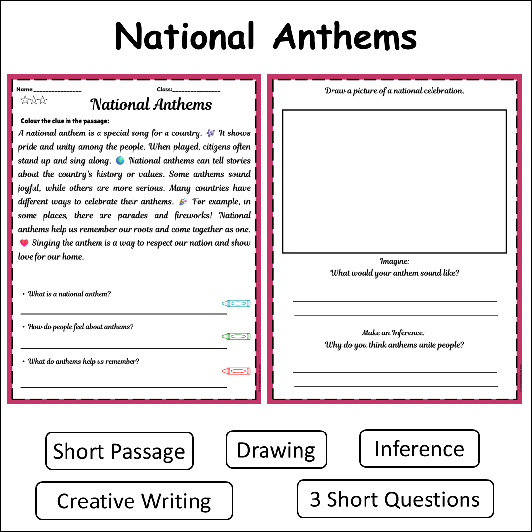National Anthems | Short Reading Comprehension Creative Worksheet