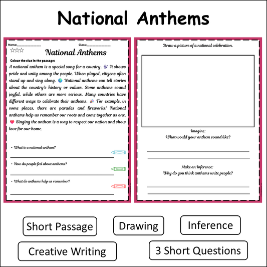 National Anthems | Short Reading Comprehension Creative Worksheet