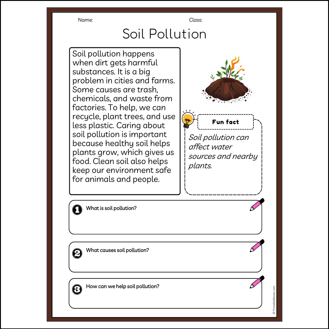 Soil Pollution | Reading Passage Comprehension Questions Writing Facts Worksheet