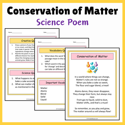 Conservation of Matter | Science Poem Reading Comprehension Activity