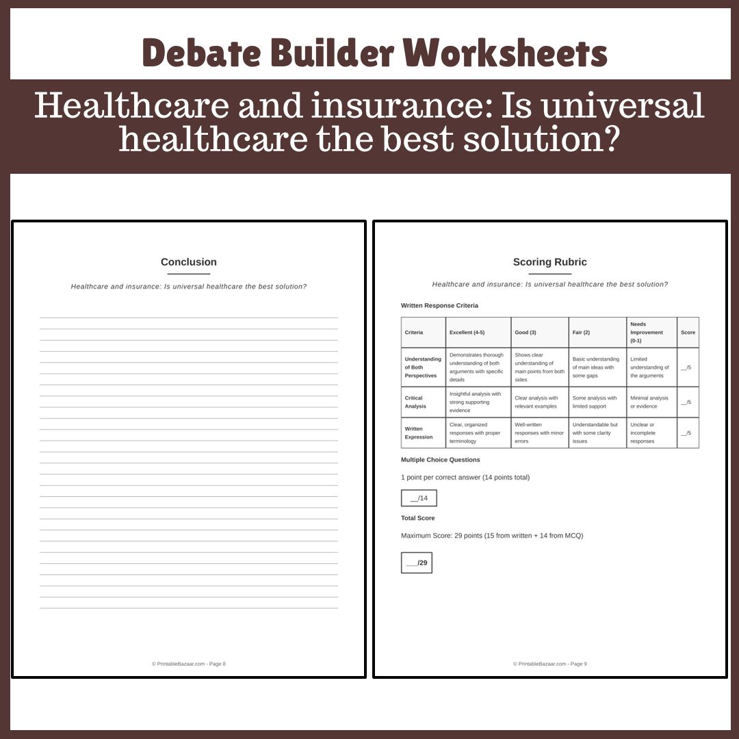 Healthcare and insurance: Is universal healthcare the best solution? | Favour and Against Worksheet Printable Activity