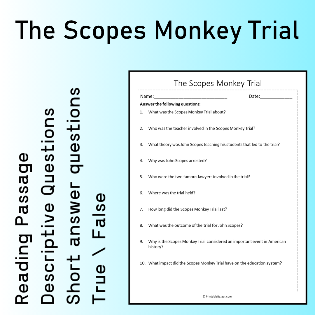 The Scopes Monkey Trial | Reading Comprehension Passage Printable Worksheet