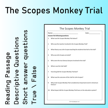 The Scopes Monkey Trial | Reading Comprehension Passage Printable Worksheet