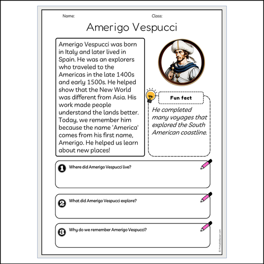 Amerigo Vespucci | Reading Passage Comprehension Questions Writing Facts Worksheet