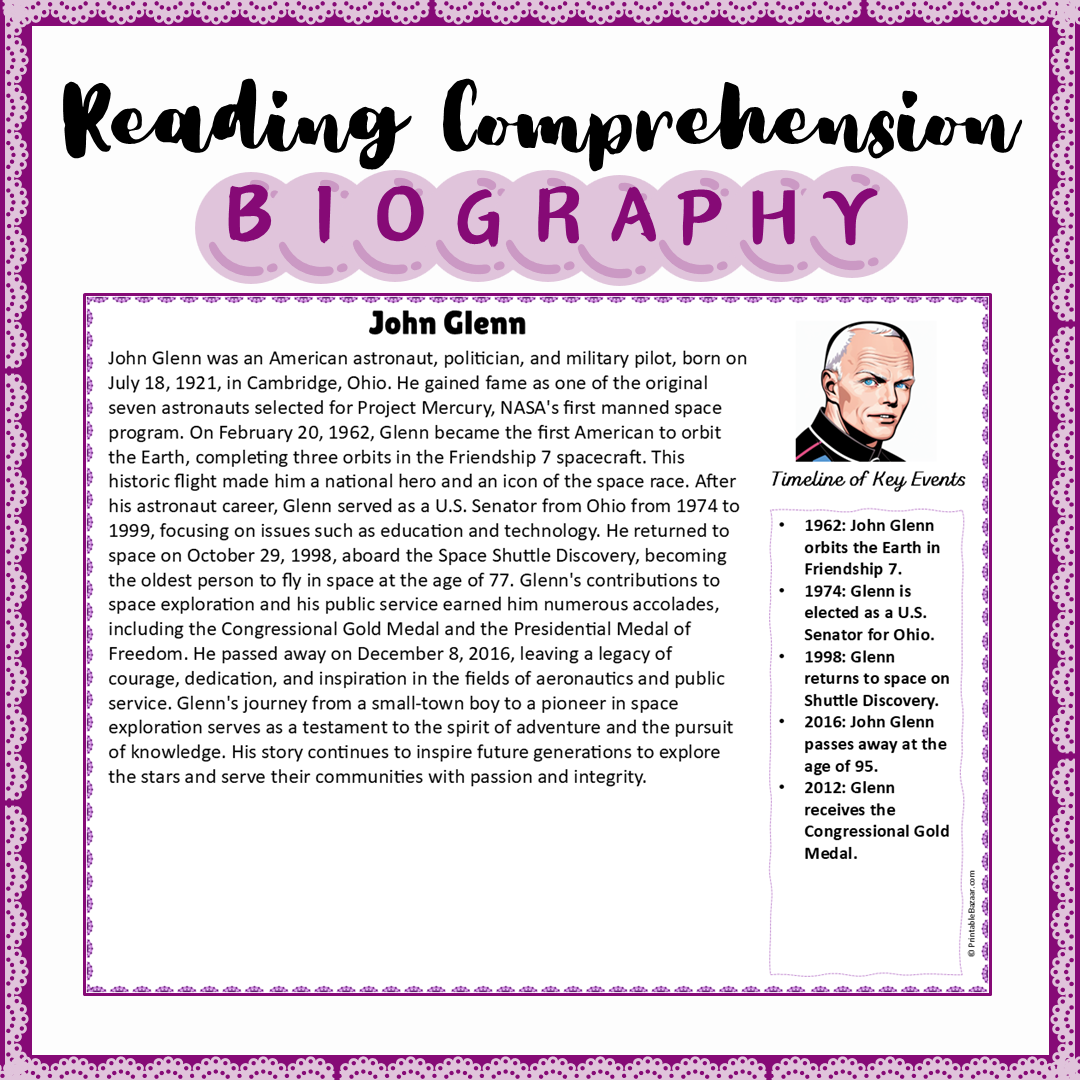 John Glenn | Biography Reading Comprehension and Questions Worksheet