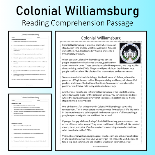 Colonial Williamsburg | Reading Comprehension Passage Printable Worksheet