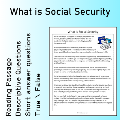 What is Social Security | Reading Comprehension Passage Printable Worksheet