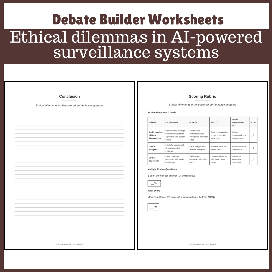 Ethical dilemmas in AI-powered surveillance systems | Favour and Against Worksheet Printable Activity