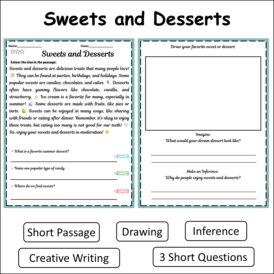 Sweets and Desserts | Short Reading Comprehension Creative Worksheet