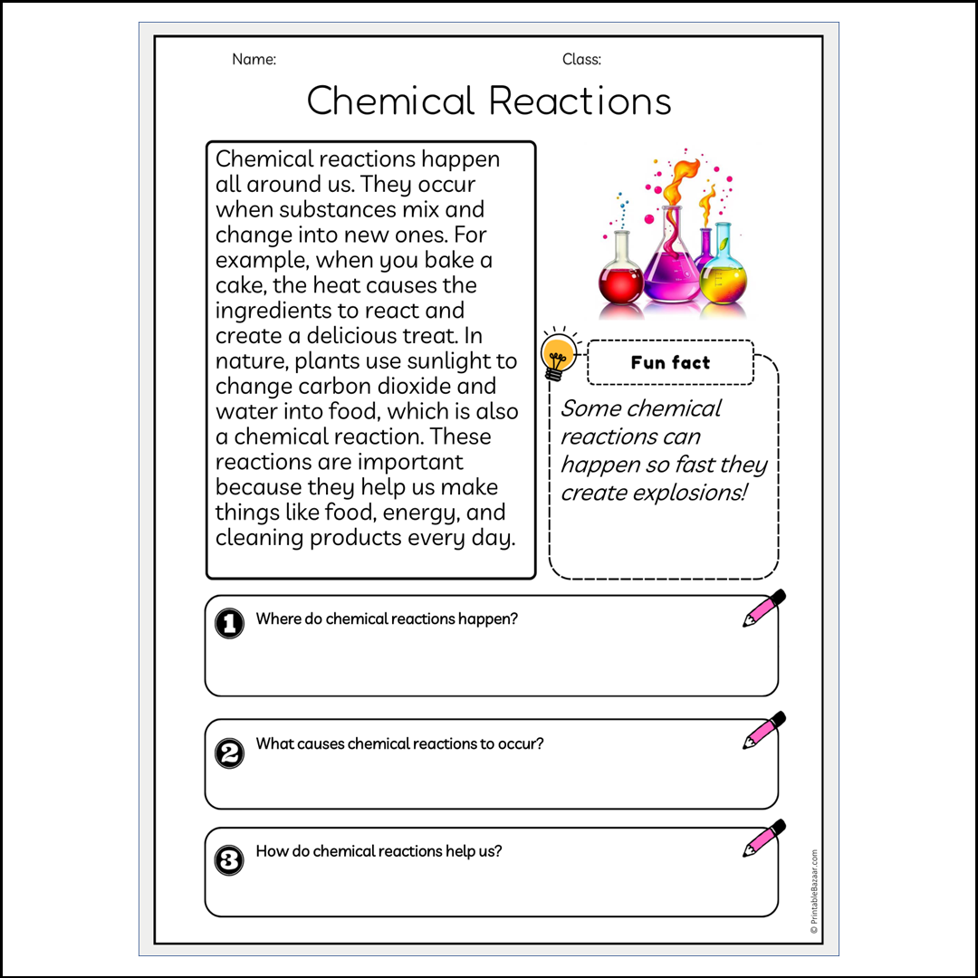 Chemical Reactions | Reading Passage Comprehension Questions Writing Facts Worksheet