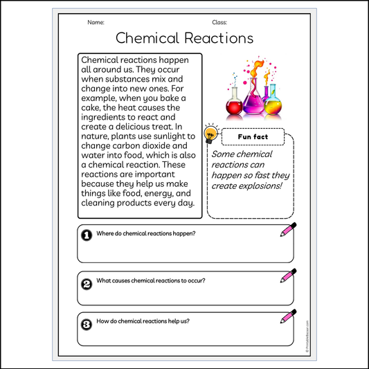 Chemical Reactions | Reading Passage Comprehension Questions Writing Facts Worksheet