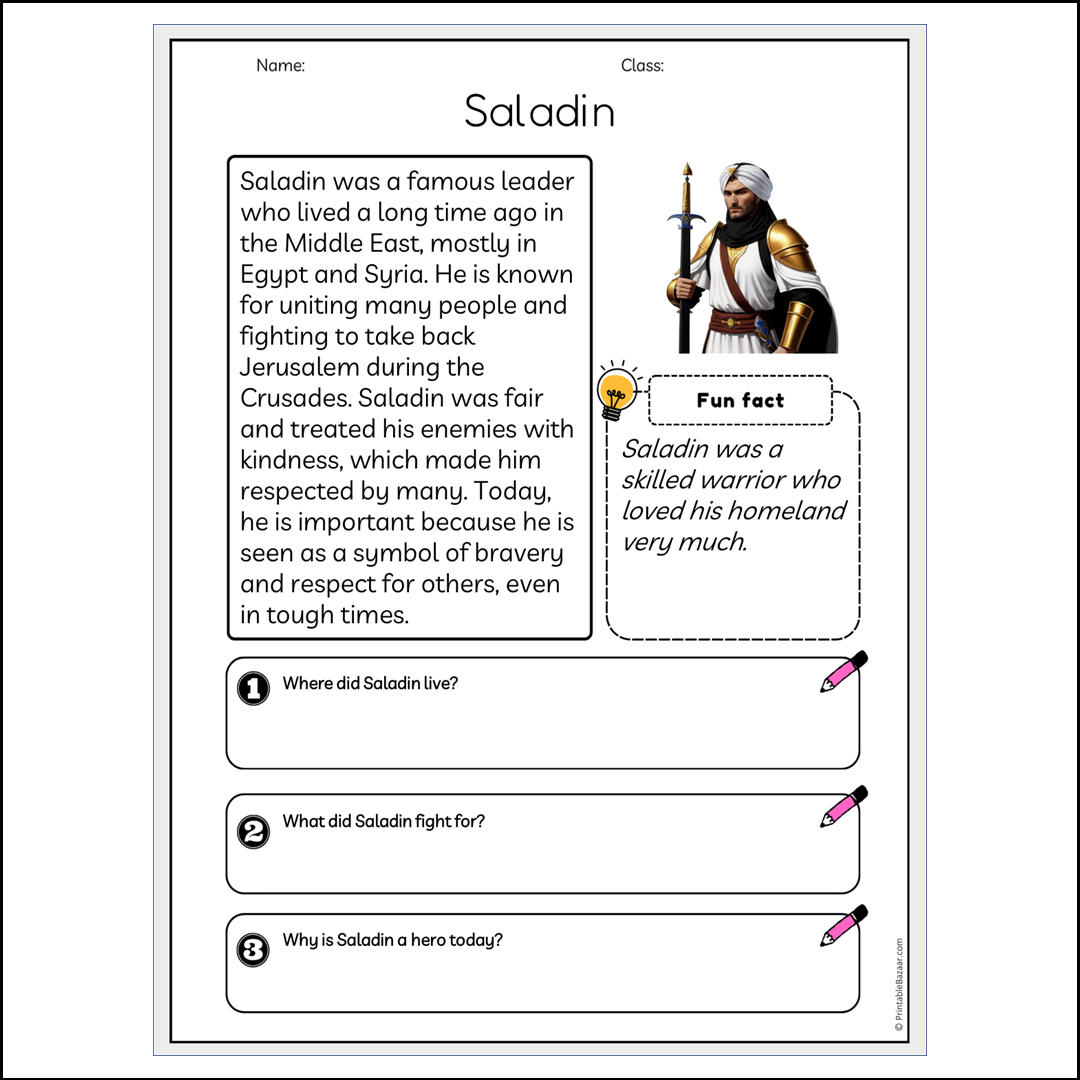 Saladin | Reading Passage Comprehension Questions Writing Facts Worksheet