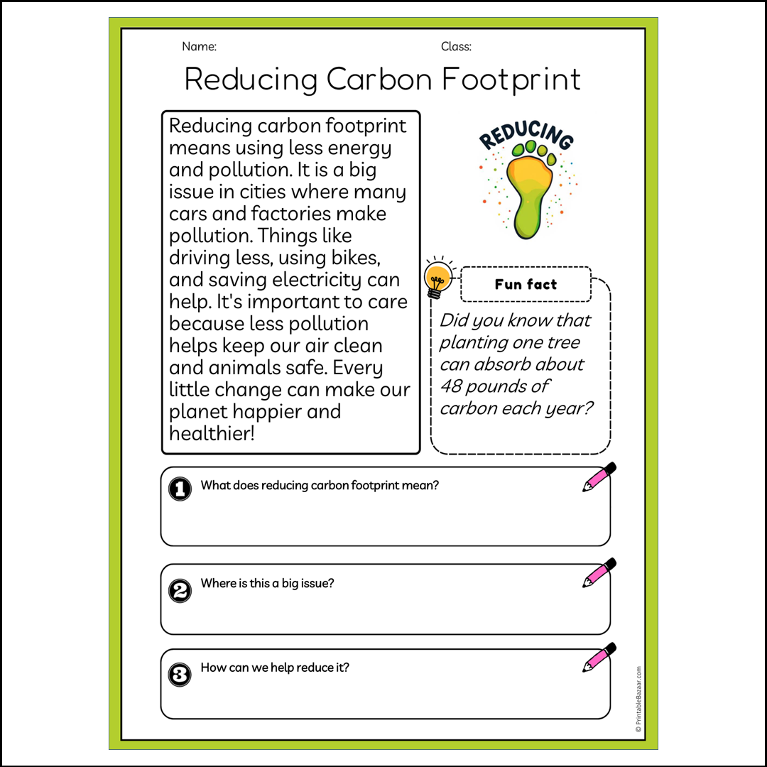 Reducing Carbon Footprint | Reading Passage Comprehension Questions Writing Facts Worksheet