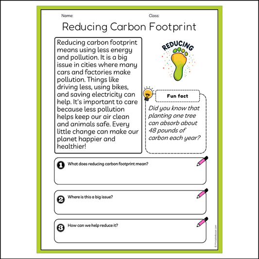 Reducing Carbon Footprint | Reading Passage Comprehension Questions Writing Facts Worksheet