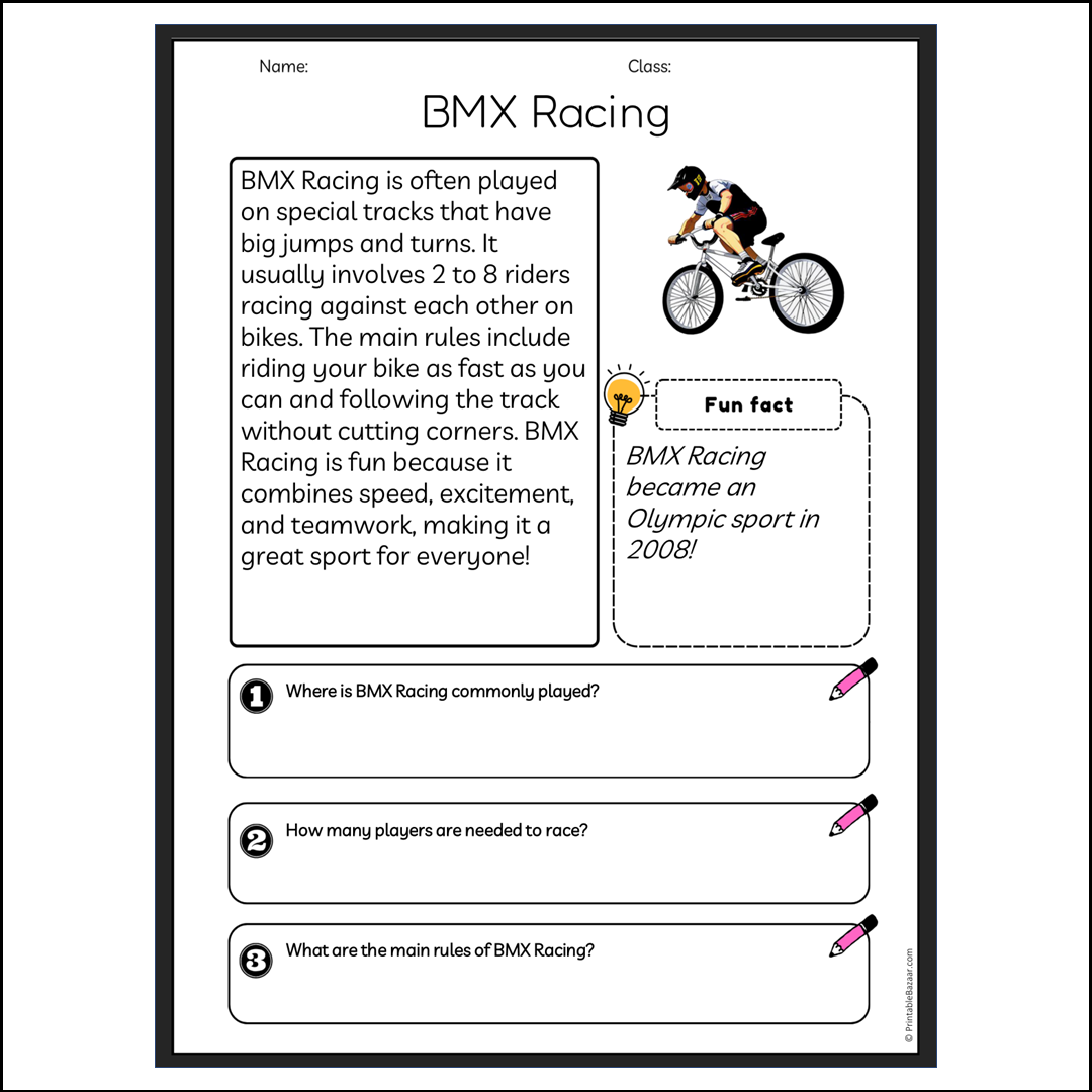 BMX Racing | Reading Passage Comprehension Questions Writing Facts Worksheet