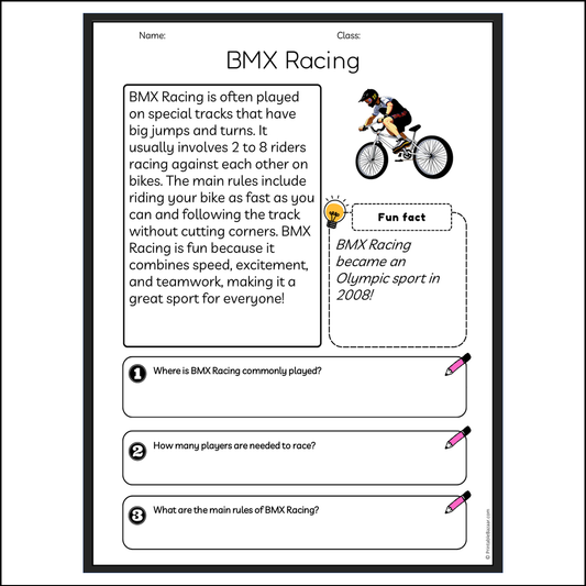 BMX Racing | Reading Passage Comprehension Questions Writing Facts Worksheet