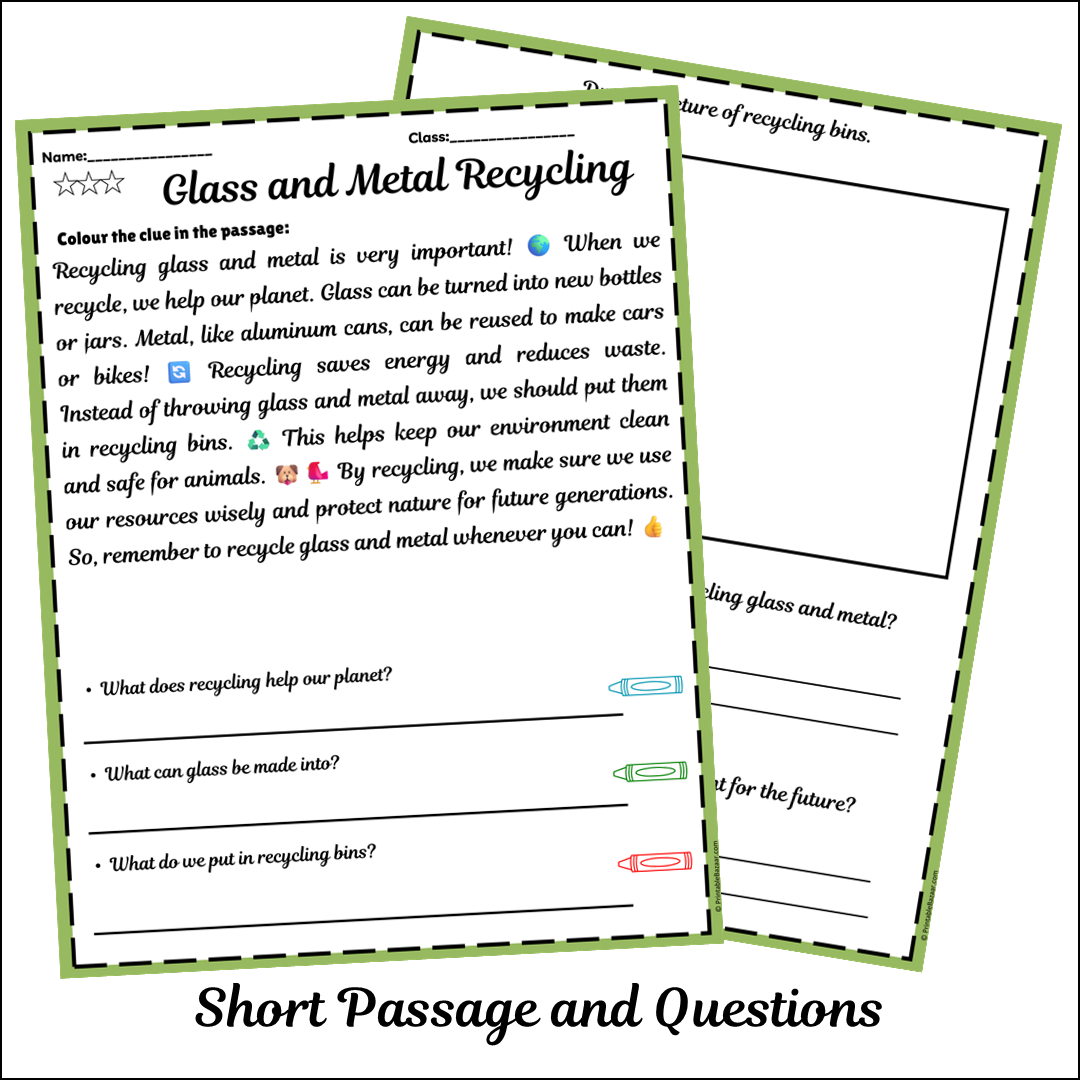 Glass and Metal Recycling | Short Reading Comprehension Creative Worksheet
