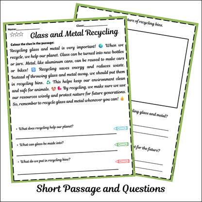 Glass and Metal Recycling | Short Reading Comprehension Creative Worksheet