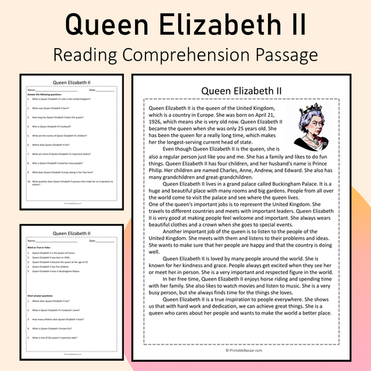 Queen Elizabeth II | Reading Comprehension Passage Printable Activity