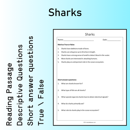 Sharks | Reading Comprehension Passage Printable Worksheet