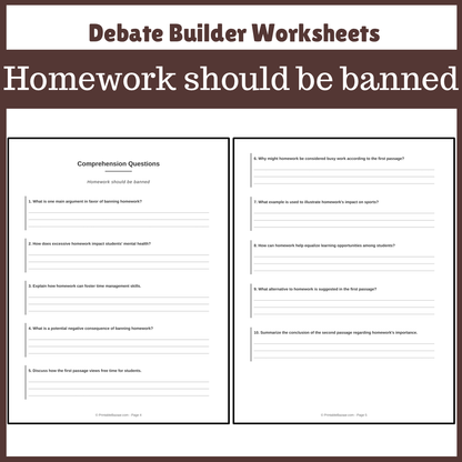 Homework should be banned | Favour and Against Worksheet Printable Activity