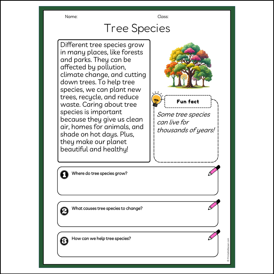 Tree Species | Reading Passage Comprehension Questions Writing Facts Worksheet