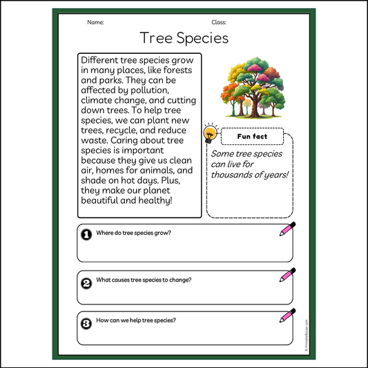 Tree Species | Reading Passage Comprehension Questions Writing Facts Worksheet