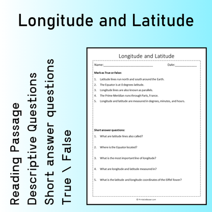 Longitude and Latitude | Reading Comprehension Passage Printable Worksheet