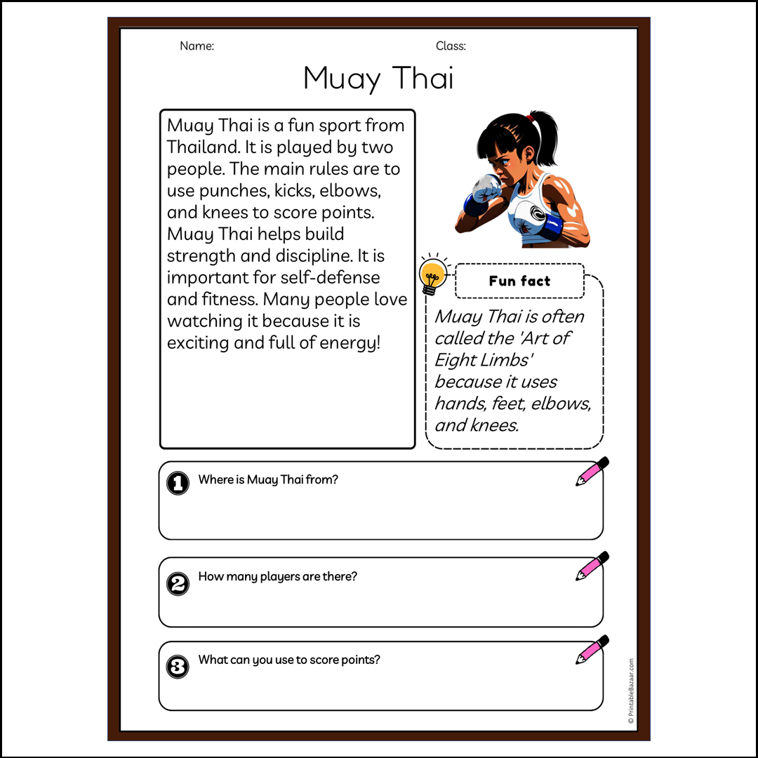 Muay Thai | Reading Passage Comprehension Questions Writing Facts Worksheet