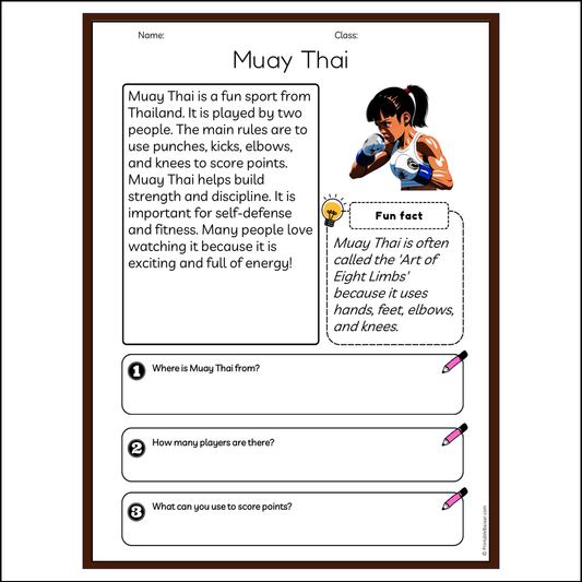 Muay Thai | Reading Passage Comprehension Questions Writing Facts Worksheet