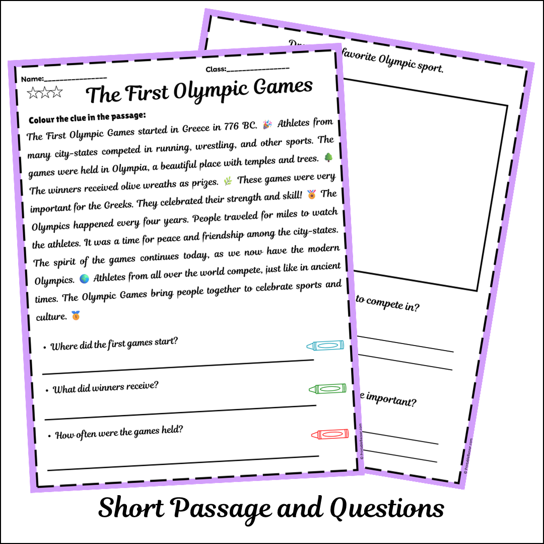 The First Olympic Games | Short Reading Comprehension Creative Worksheet