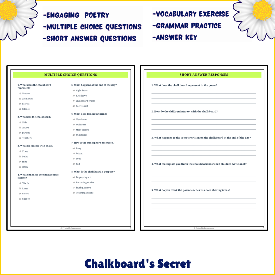 Chalkboard's Secret | Poem Grammar Worksheet Printable Activity