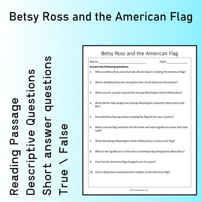 Betsy Ross and the American Flag | Reading Comprehension Passage Printable Worksheet