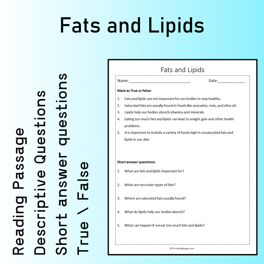 Fats and Lipids | Reading Comprehension Passage Printable Worksheet