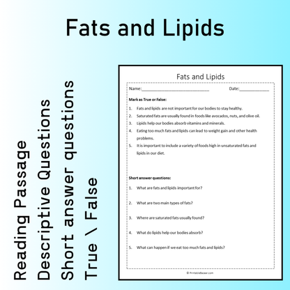 Fats and Lipids | Reading Comprehension Passage Printable Worksheet