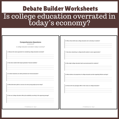 Is college education overrated in today’s economy? | Favour and Against Worksheet Printable Activity