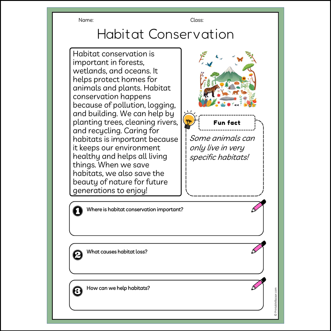 Habitat Conservation | Reading Passage Comprehension Questions Writing Facts Worksheet