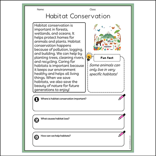 Habitat Conservation | Reading Passage Comprehension Questions Writing Facts Worksheet