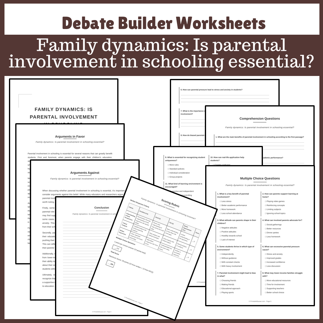 Family dynamics: Is parental involvement in schooling essential? | Favour and Against Worksheet Printable Activity