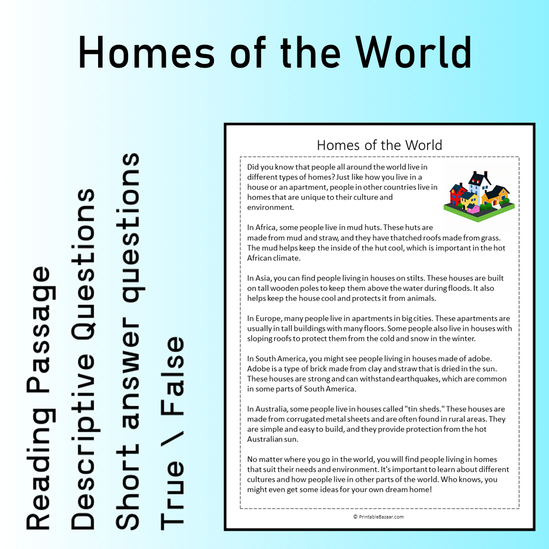 Homes of the World | Reading Comprehension Passage Printable Worksheet