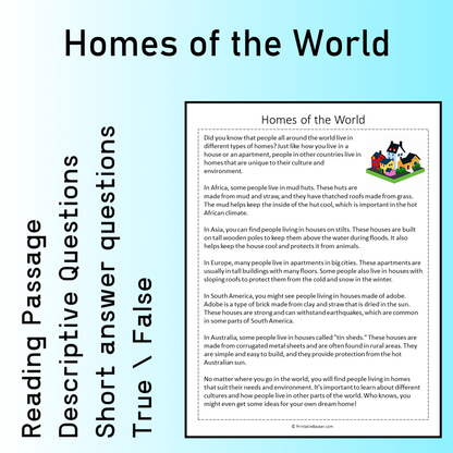 Homes of the World | Reading Comprehension Passage Printable Worksheet