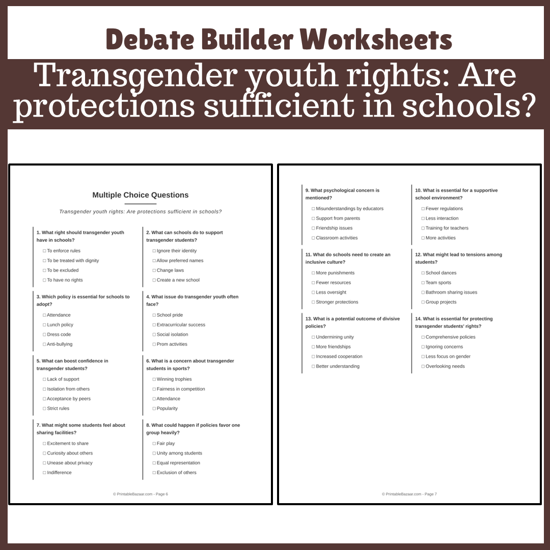 Transgender youth rights: Are protections sufficient in schools? | Favour and Against Worksheet Printable Activity