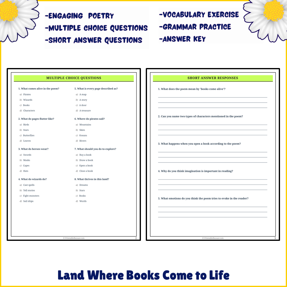 Land Where Books Come to Life | Poem Grammar Worksheet Printable Activity