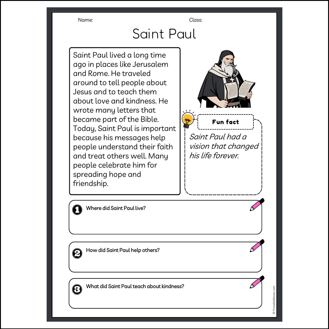 Saint Paul | Reading Passage Comprehension Questions Writing Facts Worksheet