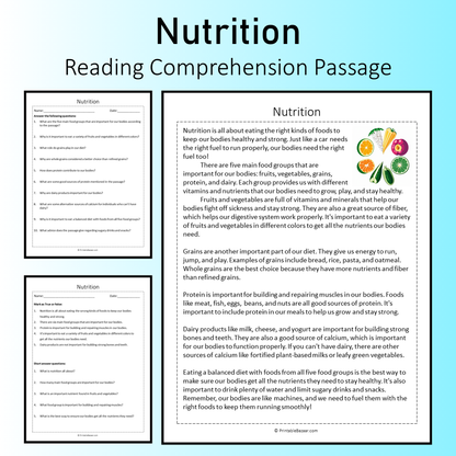 Nutrition | Reading Comprehension Passage Printable Worksheet
