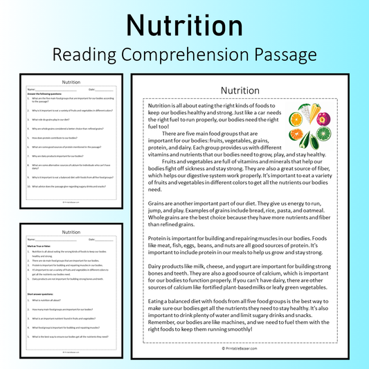 Nutrition | Reading Comprehension Passage Printable Worksheet